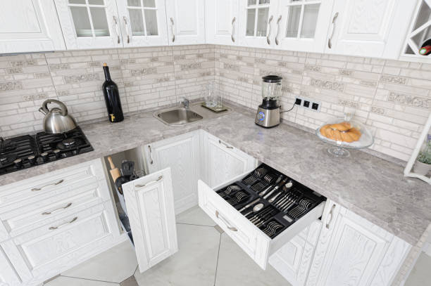 interior of modern white wooden kitchen in luxury home, some drawers are open