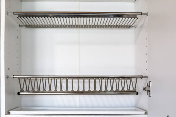 White Kitchen Cabinet with Metal Drainer. Kitchen Storage Organization.