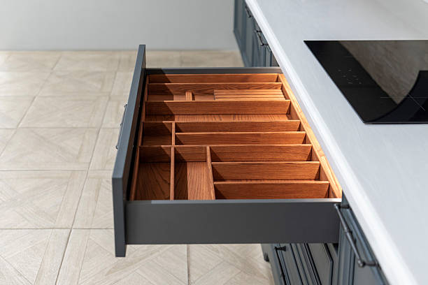 Open kitchen drawer with wooden organizer