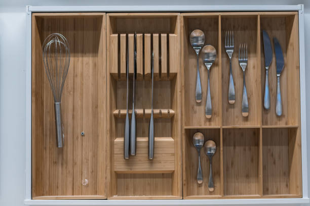 Kitchen tools in an open drawer