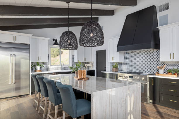 Color photo of a beautiful modern kitchen.