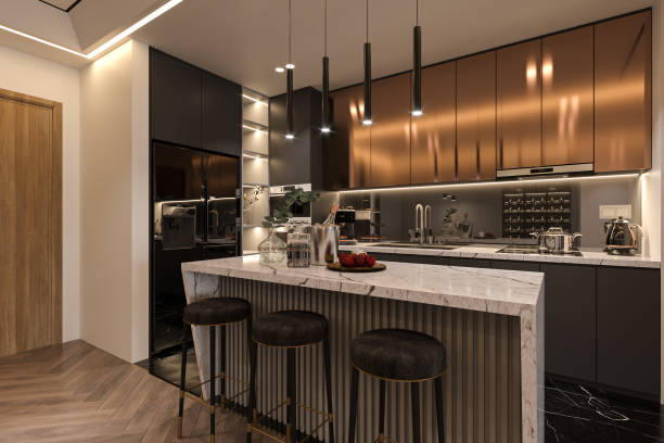 Open Kitchen with Elegant White Island with Black stools in interior design