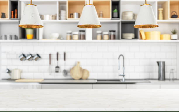 Wood empty surface and kitchen as background