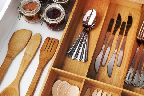 Cutlery and beans arrangement high angle
