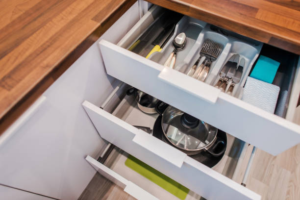 Kitchen Cabinets With Drawer Compartments For Utensils Pots And Pans.